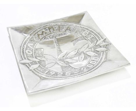 LIVERPOOL FOOTBALL CLUB; a polished metal square section shallow bowl commemorating Olympiacos, inscribed '1925-2000', 24.5 x