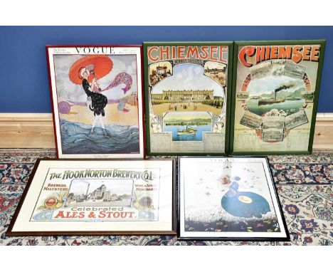 A Hook Norton brewery poster, two Chiemsee prints and two Vogue prints.