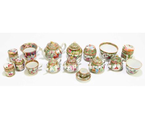 A collection of 19th century and later Canton miniature ceramics to include a teapot, trinket boxes and covers, a teapot, etc