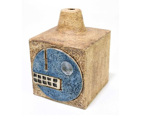 ALISON BRIGDEN FOR TROIKA POTTERY; a small cube lamp base decorated to two of the four sides with stylised motifs, signed 'Tr