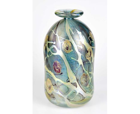 † Attributed to Peter Layton; contemporary Art Glass vase decorated in iridescent stylised motifs, indistinctly signed and da