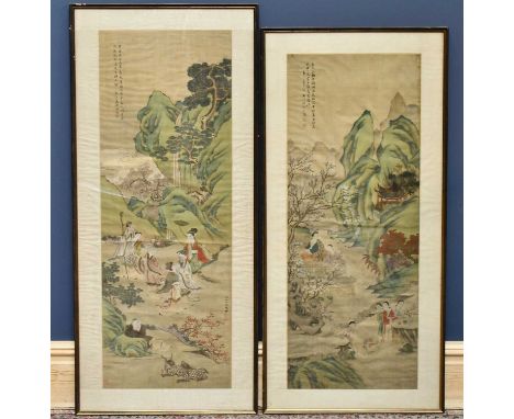 Two Chinese scroll pictures representing maidens in landscape scenes, with red impressed seal and script mark, largest exampl