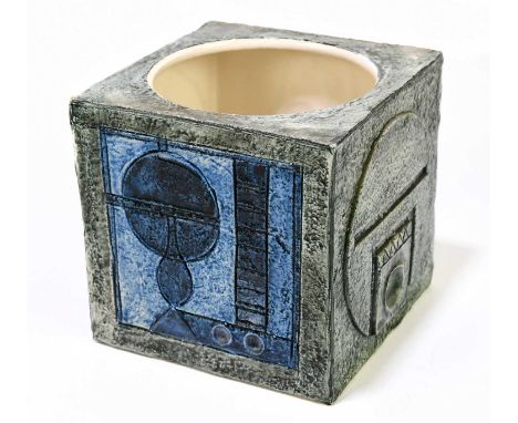 LOUISE JINKS FOR TROIKA POTTERY; a large cube flower pot decorated with stylised motifs to each of the four sides, including 