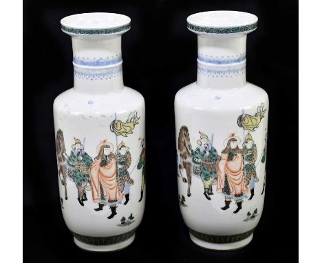 A pair of late 19th/early 20th century Chinese Famille Verte vases, decorated with figures, horses and rock work, six charact