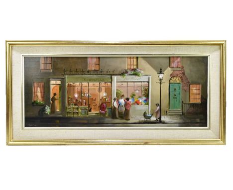 † DEBORAH JONES (1921-2012); oil on board, 'Treadwell, Miss Minnett', four Victorian maidens and a child outside an antique a