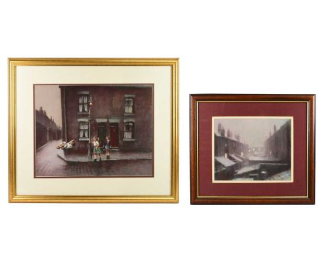 † MARC GRIMSHAW; two pastels, one depicting back alleys, the other depicting children playing at a lamp post, both signed low