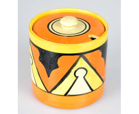 CLARICE CLIFF; a preserve jar and cover decorated in 'Keyhole' pattern, height 7.8cm.Condition Report: Light wear to the deco