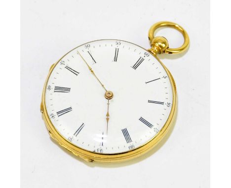 A yellow metal key wind fob watch, the enamel dial set with Arabic and Roman numerals with engine turned decoration to the re