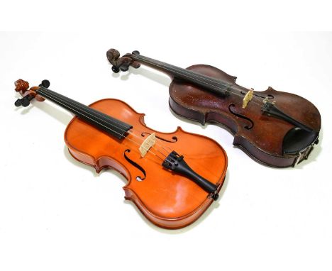 A full size violin, probably German, branded 'Stainer' below the button, length of back 35.5cm, and a modern Antoni full size