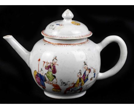 A Famille Rose teapot, decorated with figures playing instruments and dancing, height 13cm.Condition Report: Finial to the li