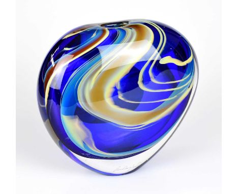 † PETER LAYTON (born 1937); a contemporary Art Glass vase of ovoid form, internally decorated with stylised motifs, signed, h