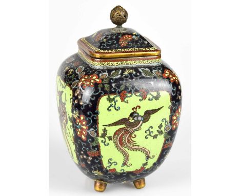 A Japanese Meiji period cloisonné jar and cover of square form, the cover with a finial pierced with leaves, the main body de