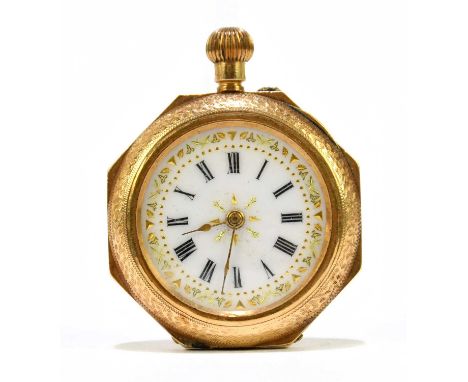 An 18ct yellow gold crown wind fob watch, the case with chased decoration and enamel detail to the reverse, the enamel dial w