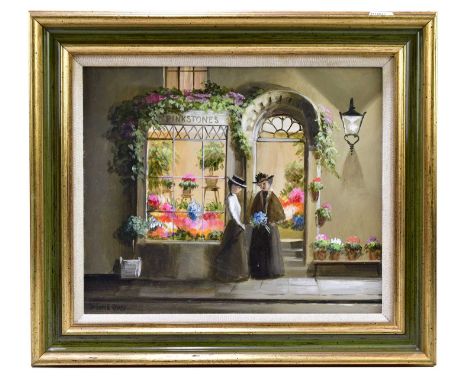 † DEBORAH JONES (1921-2012); oil on board, 'Pink Stones', two Victorian maidens outside a flower shop, signed, 24.5 x 29cm, f