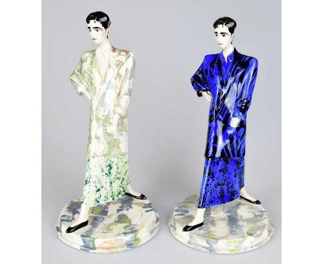 ROGER MICHELL FOR DENNIS CHINAWORKS; two Art Deco style ceramic figures modelled as maidens in fashion poses, height 29cm (2)