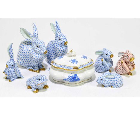 HEREND; six models of rabbits with fishnet decoration, height of largest 14cm, with a similar model of a toad, also a Herend 