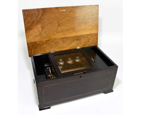 A late 19th century Swiss musical box, with 15.5" cylinder and three bells with insect strikers, length of case 47.5cm.Condit