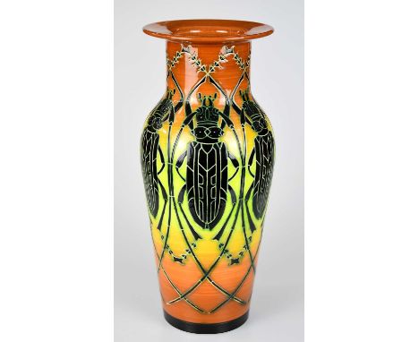 SALLY TUFFIN FOR DENNIS CHINAWORKS; a limited edition cylindrical vase with flared rim, decorated with scarabs on an orange a