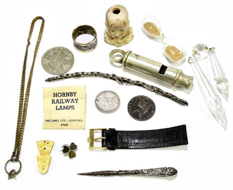 A small assortment of collectors' items to include a police whistle, a button hook, a Hornby railway lamp, etc.