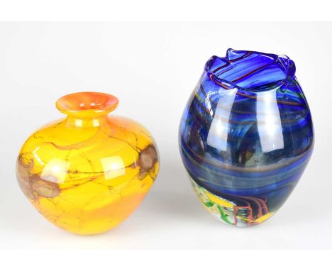 † NORMAN STUART CLARKE; two contemporary Art Glass vases, including a squat example with flared neck, internally decorated wi