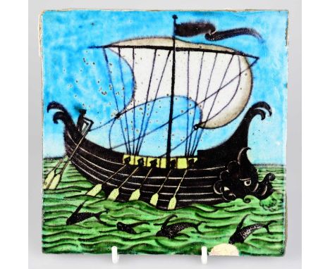 WILLIAM DE MORGAN; an Art Pottery tile painted with a galleon ship with six sailors with paddles with fish below, in shades o