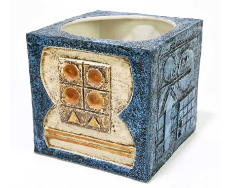 ALISON BRIDGEN FOR TROIKA POTTERY; a large cube flower pot decorated with stylised motifs, including a nude torso, to each of