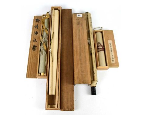Four boxed Chinese scrolls including an ancestral portrait, landscape, etc (two boxes associated)