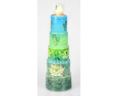 SALLY TUFFIN FOR DENNIS CHINAWORKS; an unusual stepped vase and cover, with floral finial, decorated with insects and floral 