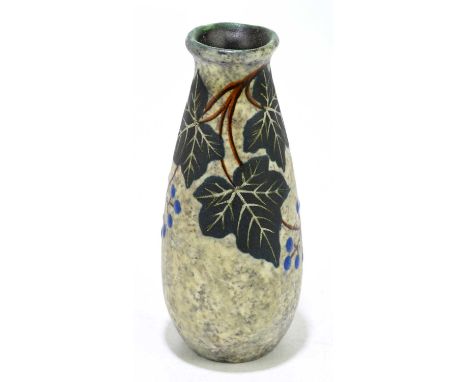 LOUIS AUGUSTE DAGE; a French Art Deco ceramic vase of tapering cylindrical form decorated with ivy leaves and flowers, signed