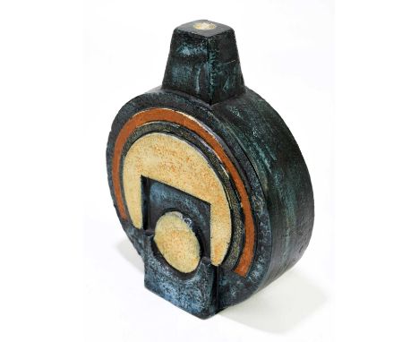 TROIKA POTTERY; a small wheel lamp base, relief decorated with stylised motifs to each side, signed 'Troika Cornwall' and wit