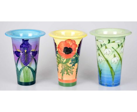 SALLY TUFFIN FOR DENNIS CHINAWORKS; three cylindrical vases with flared rims, each with floral sprays including an example de