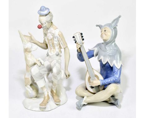 NAO; a large ceramic figure of a jester and a lute, height 34cm, with a D'Art Spanish group of a clown and a dog (2).Conditio