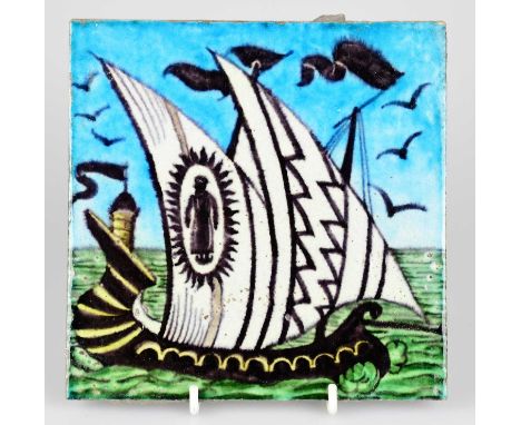 WILLIAM DE MORGAN; an Art Pottery tile painted with a two masted ship in shades of black, white, yellow and green, 15.5 x 15.