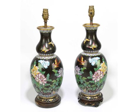 Two Chinese 20th century cloisonné double gourd table lamps decorated with floral sprays, exotic birds and insects, height in