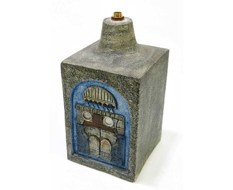 LOUISE JINKS FOR TROIKA POTTERY; a rectangle lamp decorated with a stylised seated figure to the front and motifs to reverse,