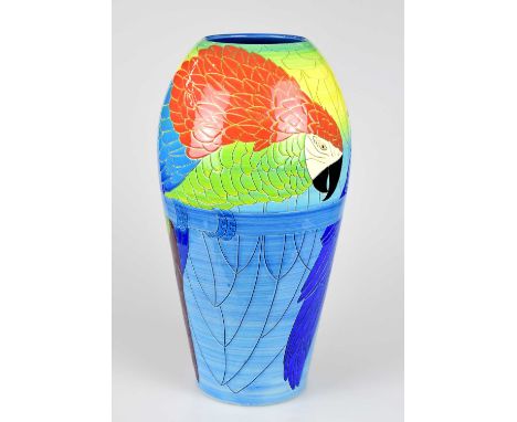 SALLY TUFFIN FOR DENNIS CHINAWORKS; a large vase of tapering cylindrical form, decorated with parrots, signed, impressed mark