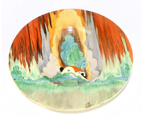 CLARICE CLIFF; a rare 18" wall charger, decorated in the 'Forest Glen' pattern, printed marks to the underside, diameter 46cm
