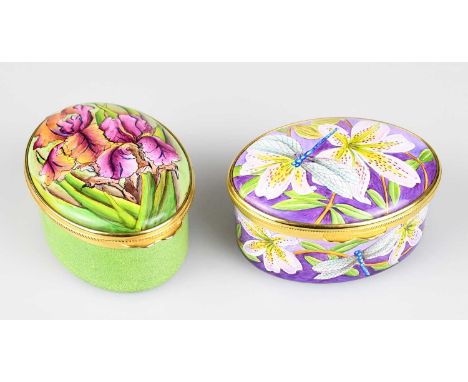 MOORCROFT; two enamel trinket boxes and covers of oval form, including an example in the 'Rainbow Goddess' pattern, length 6.