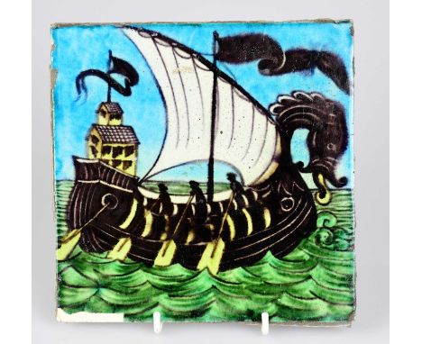 WILLIAM DE MORGAN; an Art Pottery tile painted with a galleon with three figures and a white sail, 15.5cm x 15.5cm.Condition 