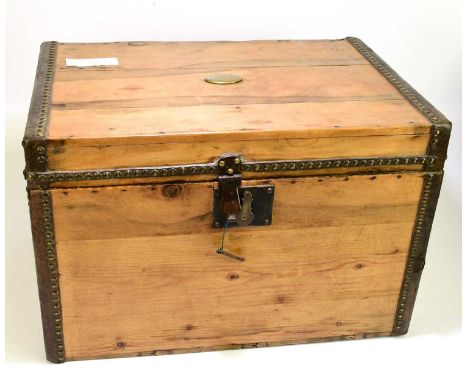 WILLIAM WADE &amp; SONS; a pine, leather and brass bound trunk, with plaque to the lid, inscribed A.Johnson, height 40cm, dep