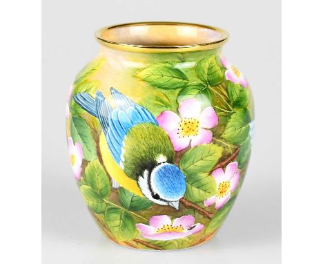 S J SMITH FOR MOORCROFT; a rare miniature enamelled vase, 'Summertime Blues', decorated to the interior and exterior, signed 