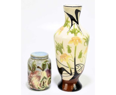 COBRIDGE; a cylindrical trial jar and cover decorated with fruit, height 11cm, together with a black Ryden ceramic vase with 