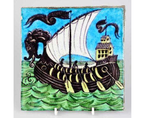 WILLIAM DE MORGAN; an Art Pottery tile painted with a galleon and three sailors with paddles, in shades of blue, white, purpl