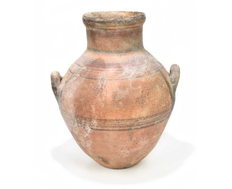 A 5th-6th century Skyphos (wine jar) with bands of painted detail to the terracotta ground and with twin loop handles, height