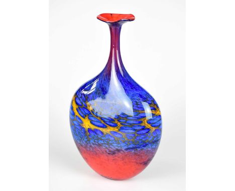 † PETER LAYTON (born 1937); a contemporary Art Glass vase of ovoid form with flared neck, internally decorated with a pebble 