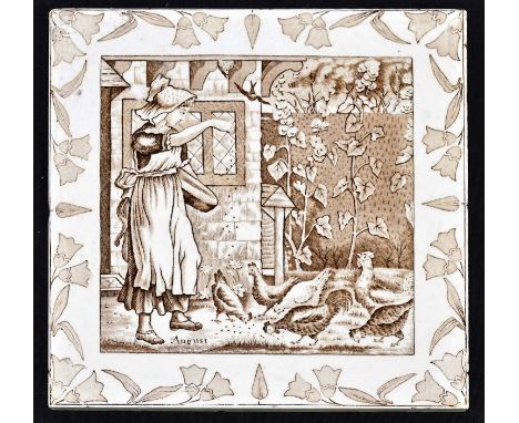 JOSIAH WEDGWOOD &amp; SONS; a late 19th century sepia printed tile for the month of August decorated with farm hand feeding h