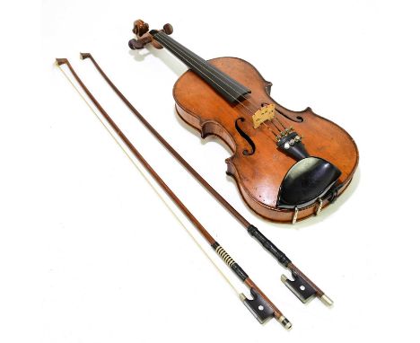 A three quarter size German 'conservatory' violin, Stradivarius copy, with two-piece back, length 33.2cm, cased with two bows