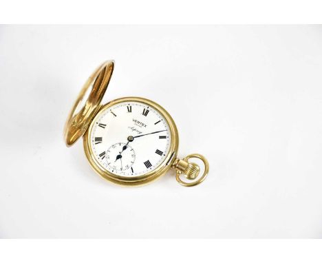 VERTEX; a 9ct gold half hunter pocket watch, the enamelled dial set with Roman numerals and subsidiary seconds dial, signed V