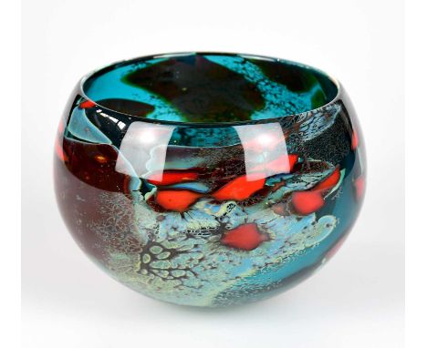 † PETER LAYTON (born 1937); a contemporary Art Glass bowl of circular form, internally decorated with stylised sea creatures,