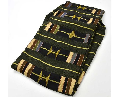 A mid century dyed and stitched green textile panel in an African manner, formed of eight green and yellow strips and nine ge